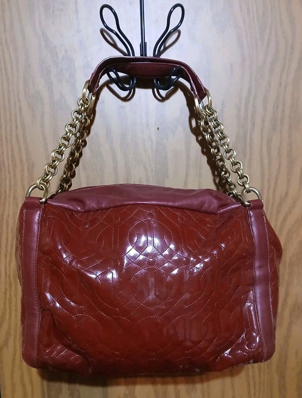 Donald J Pliner Genuine Red Patent Leather Shoulder Bag Purse Goldtone Hardware